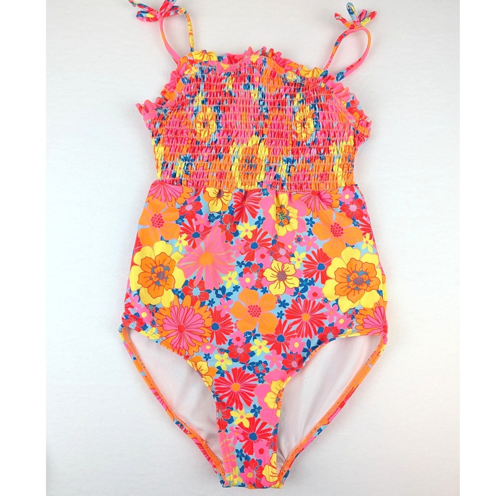 Bmagical by Btween Girls Floral One Piece Swimsuit Smocked Pink Orange Size 8